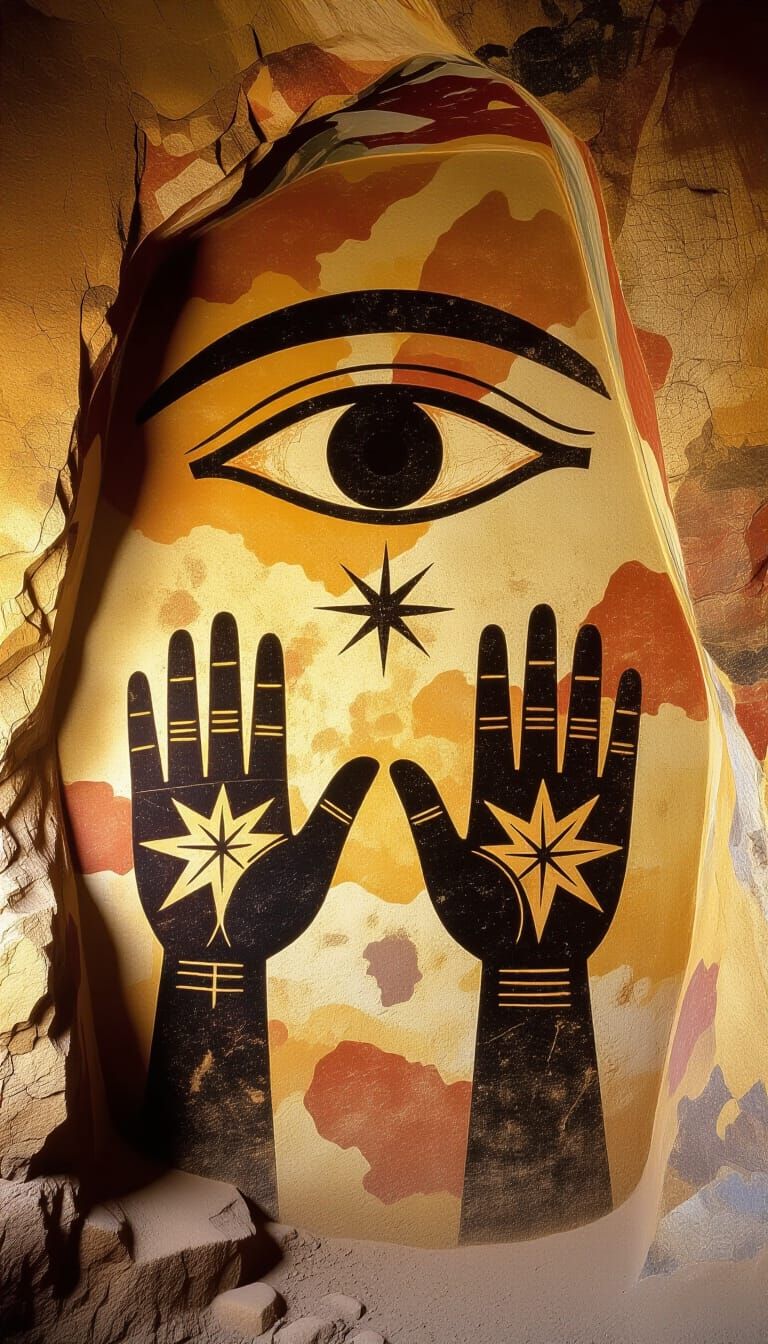 Ancient Cave Art: Watchful Eye and Hands Symbol
