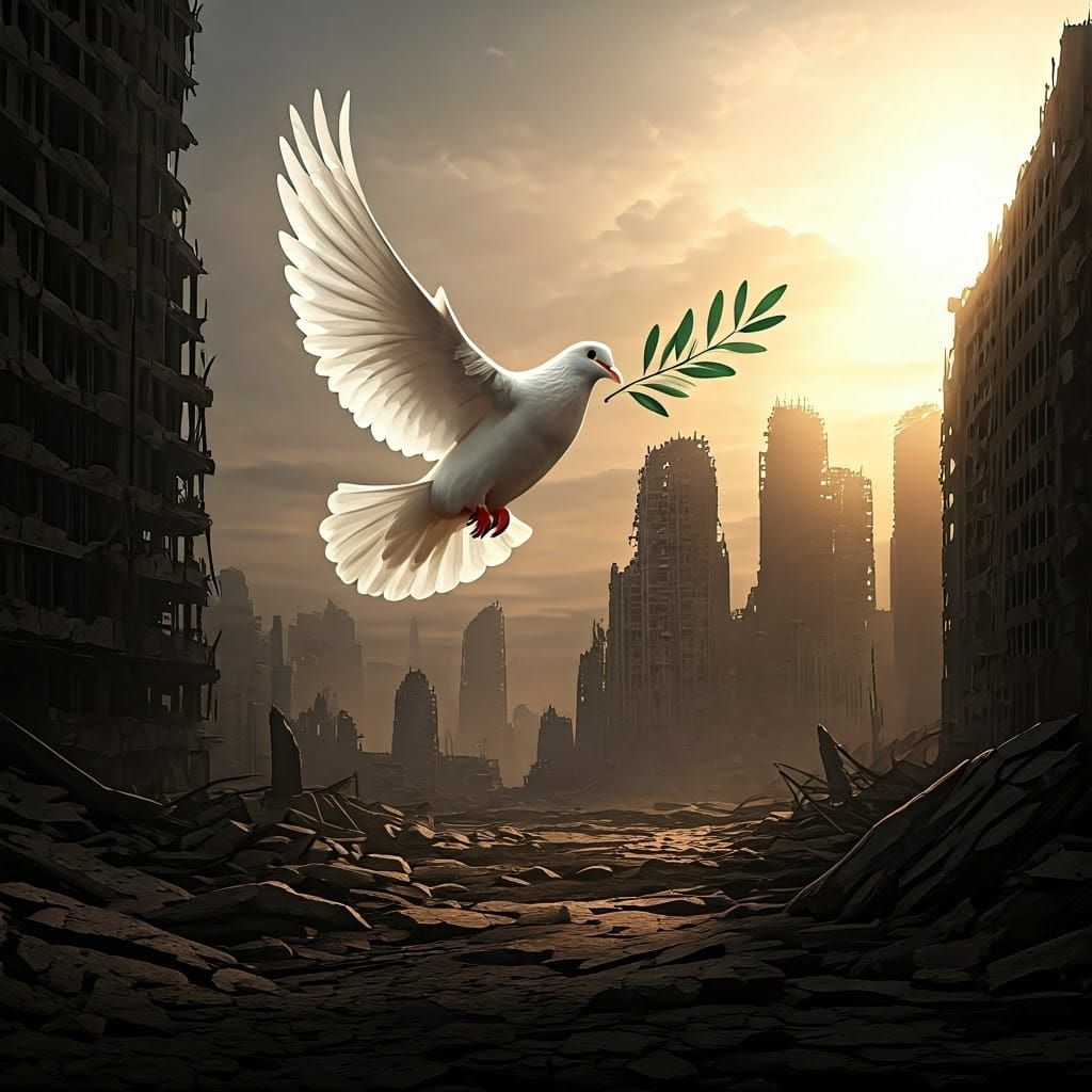 Serene Dove Over Dystopian Cityscape in Warm Golden Light