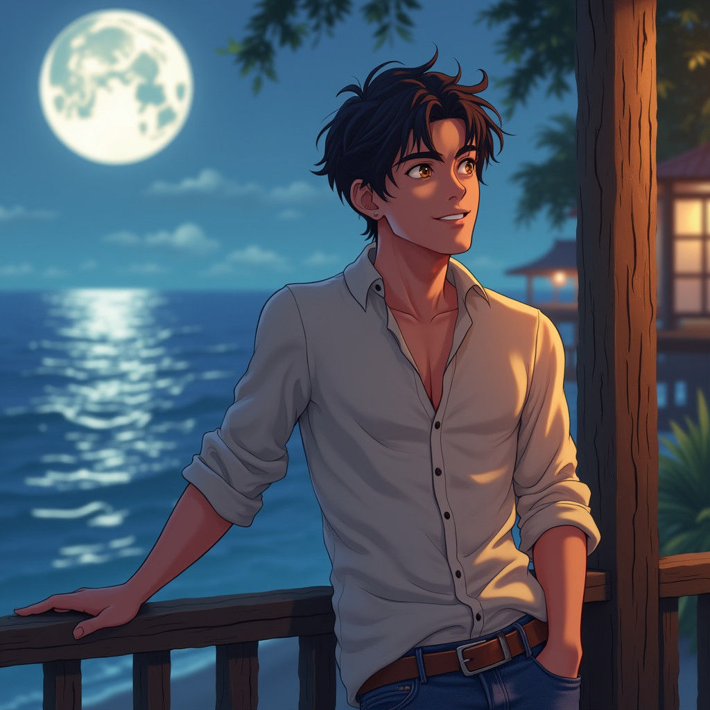 Handsome Man Overlooking Moonlit Sea in 3D Anime Style