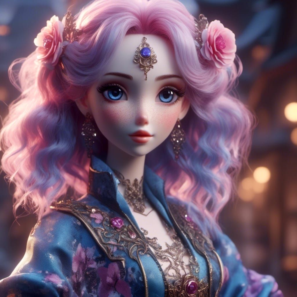 Anime Doll with Flower in Pastel Kawaii Style