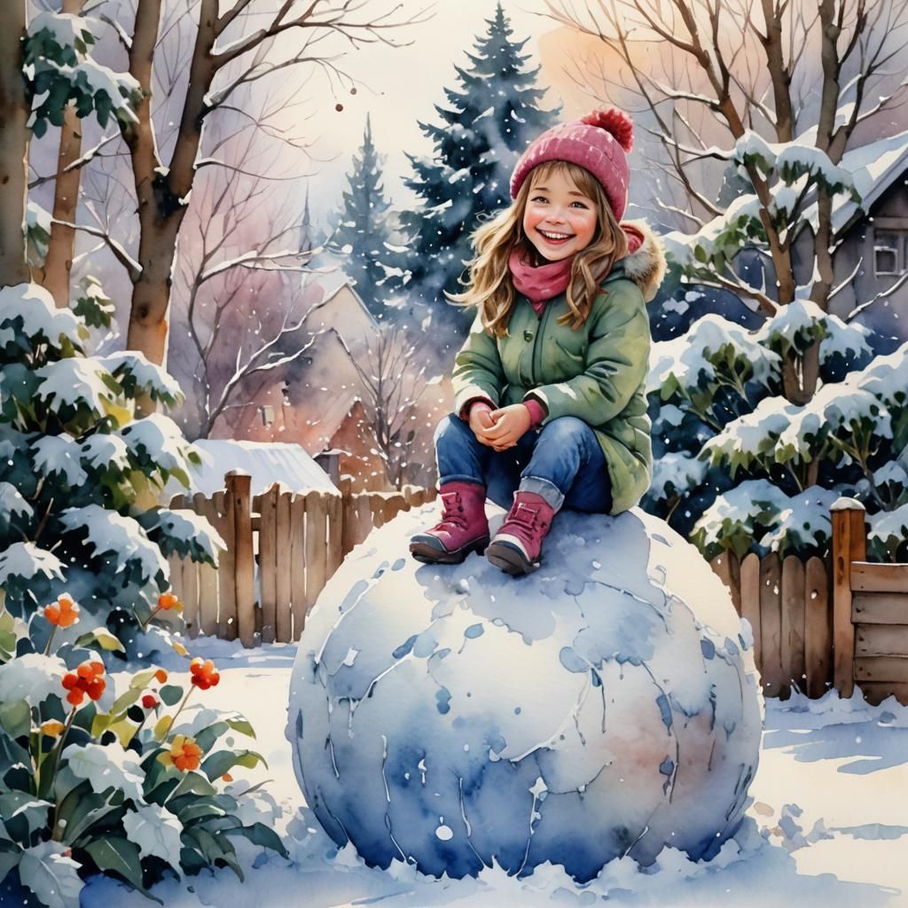 Girl on Snowball: Watercolor Winter Scene