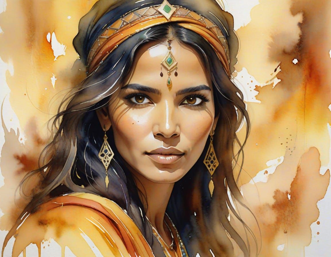 Watercolor Portrait of a Moroccan Woman Casting Spell