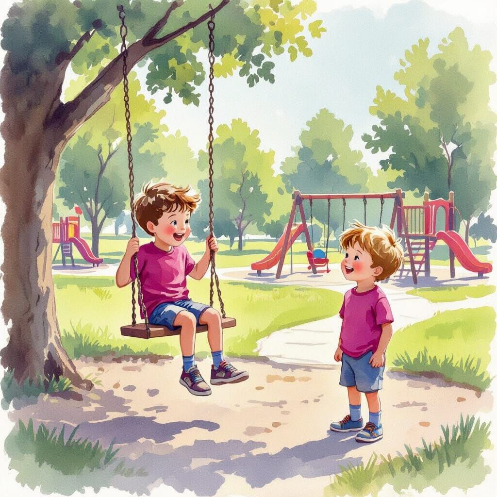 Boys Playing in Park as Watercolor Illustration