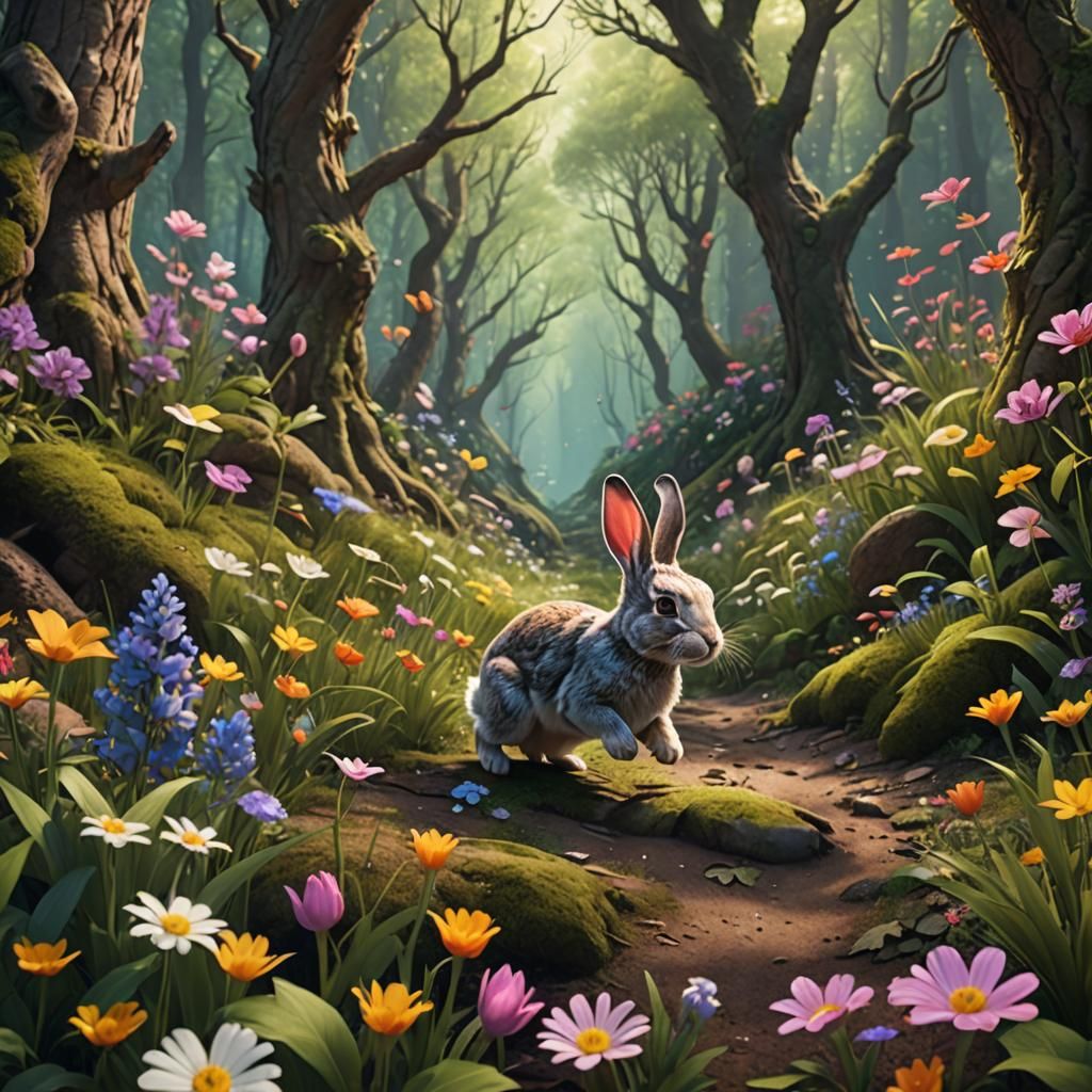 Rabbit Hopping Through Spring Forest: Detailed Matte Paintin...