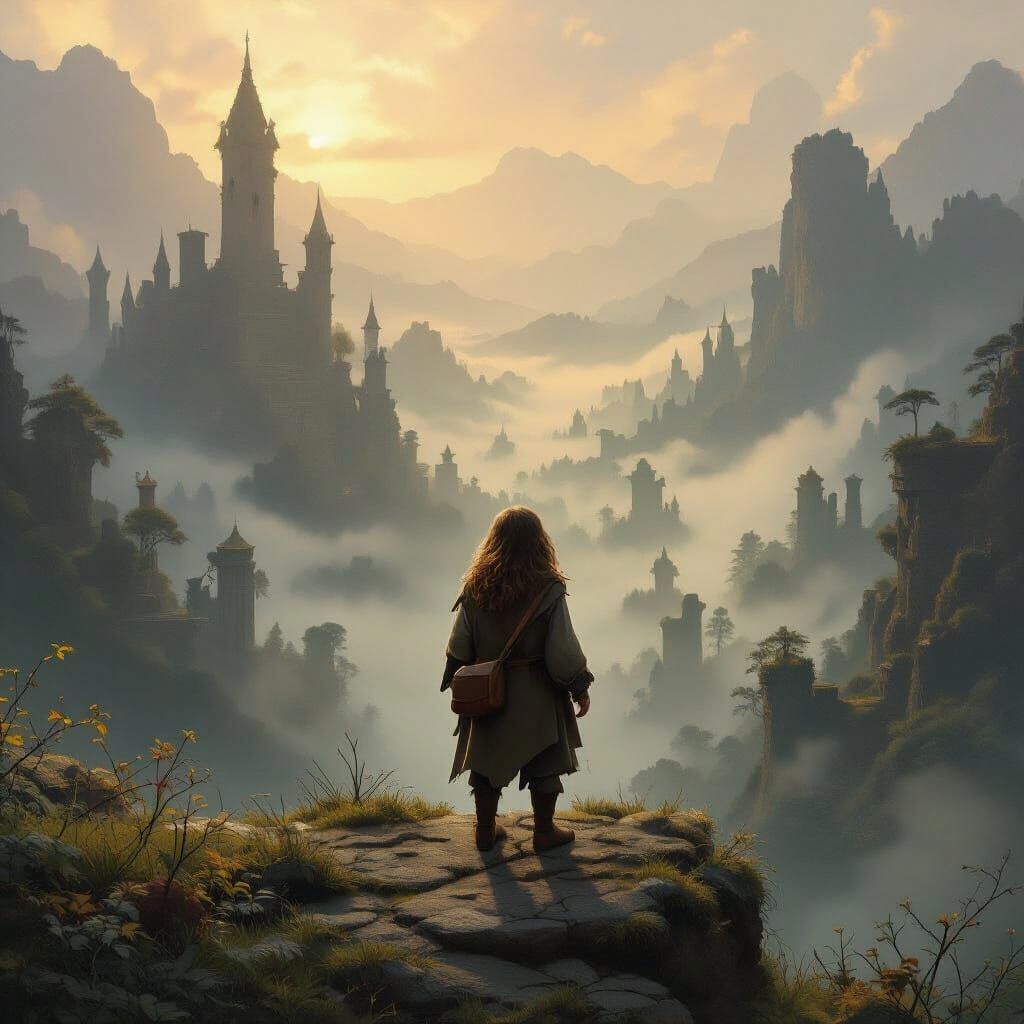 Hobbit Overlooking Misty Valley in Fantasy Style