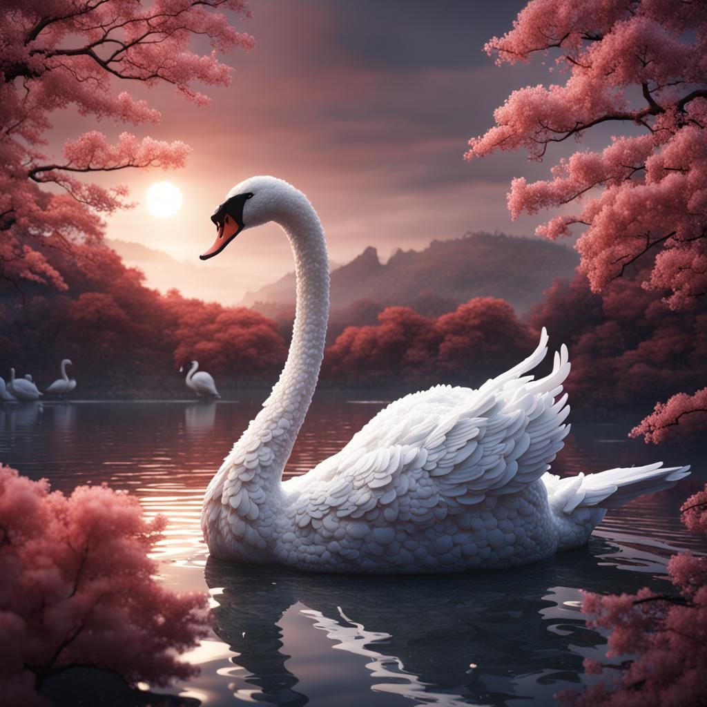 Cauliflower Swan on Japanese Lake: Fantasy Art