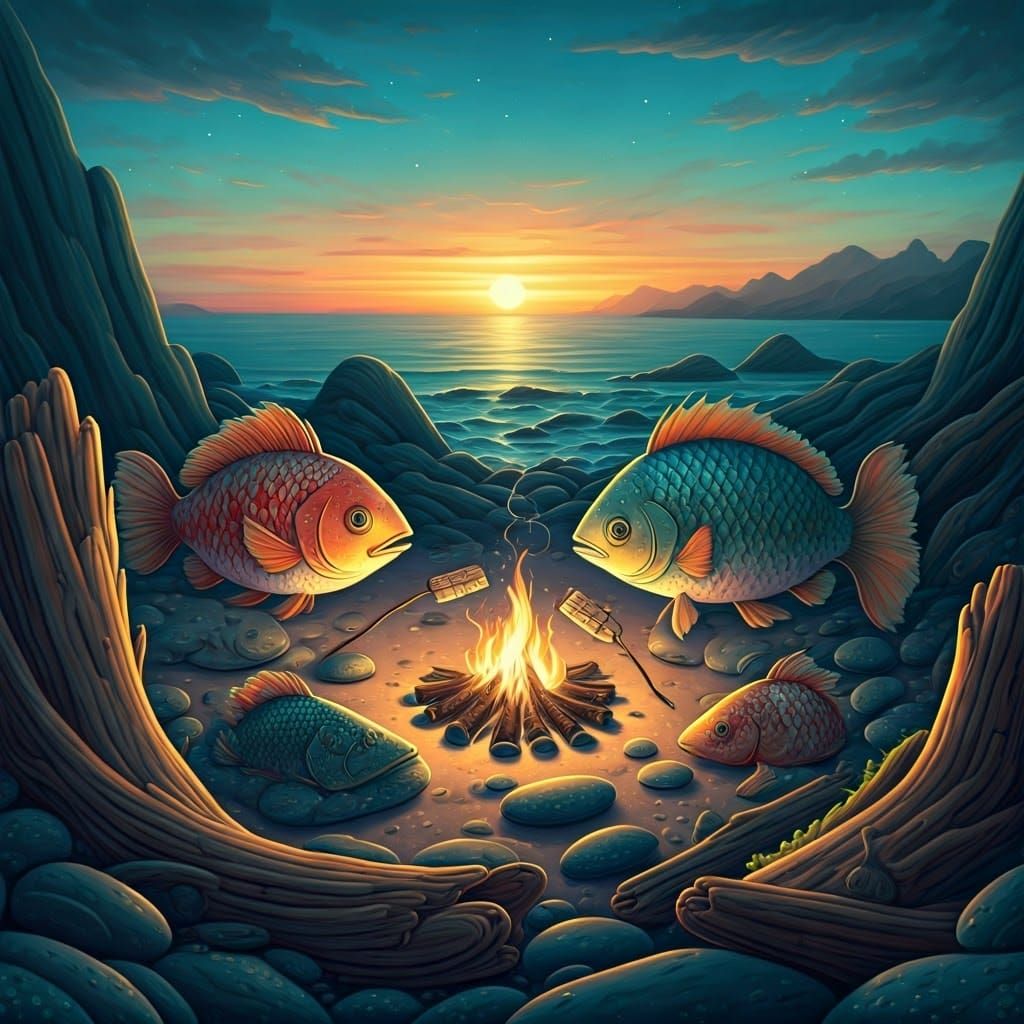 Fantastical Fish Gather 'Round Whimsical Campfire Feast