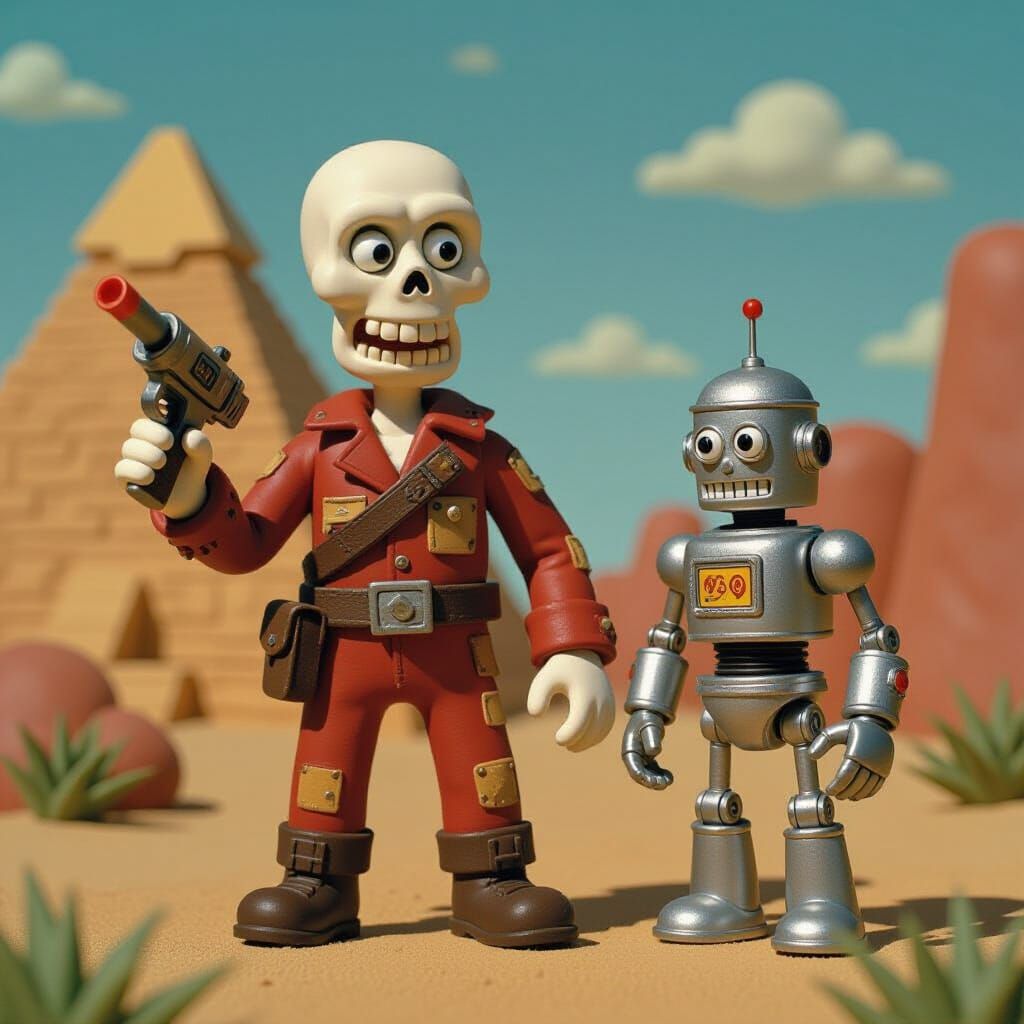 Claymation Sci-Fi Skeleton Adventurer with Robot