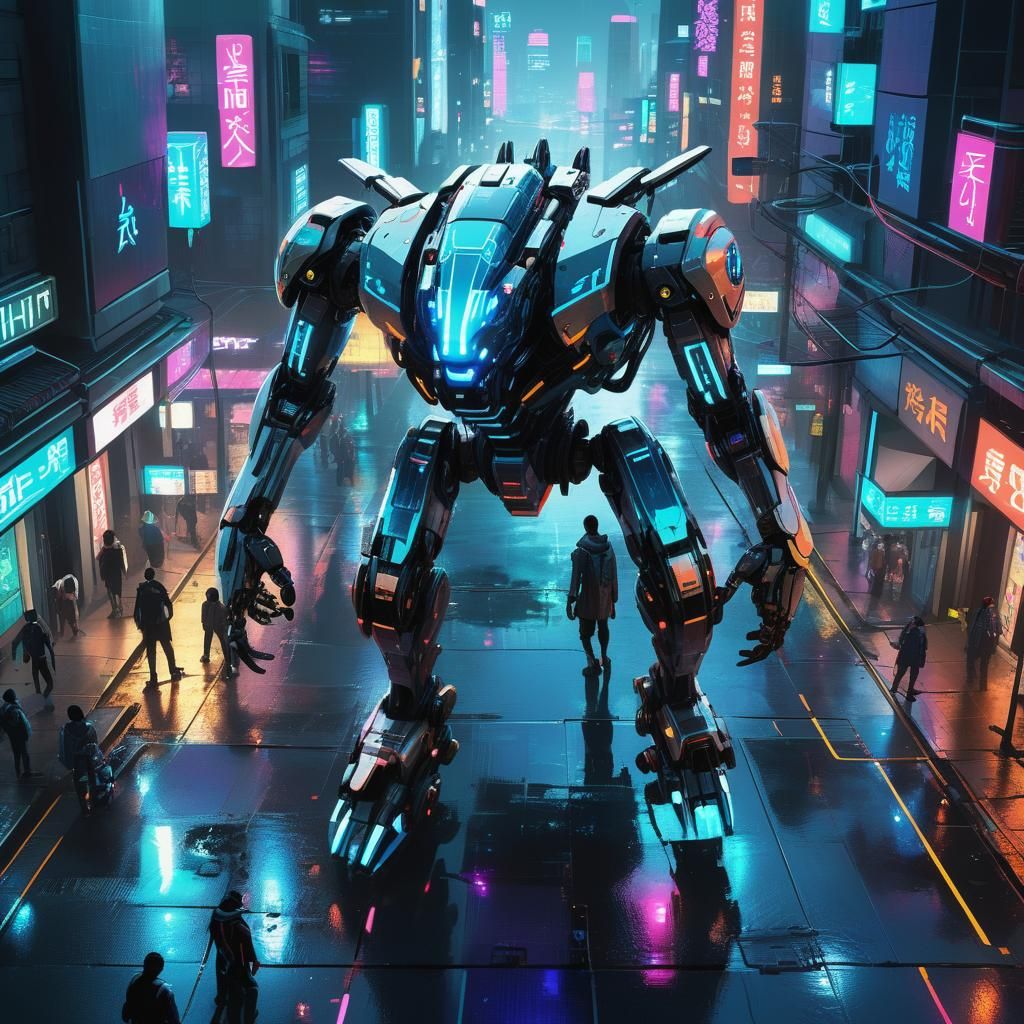 Cyberpunk Robot Giant in a Neon Cityscape