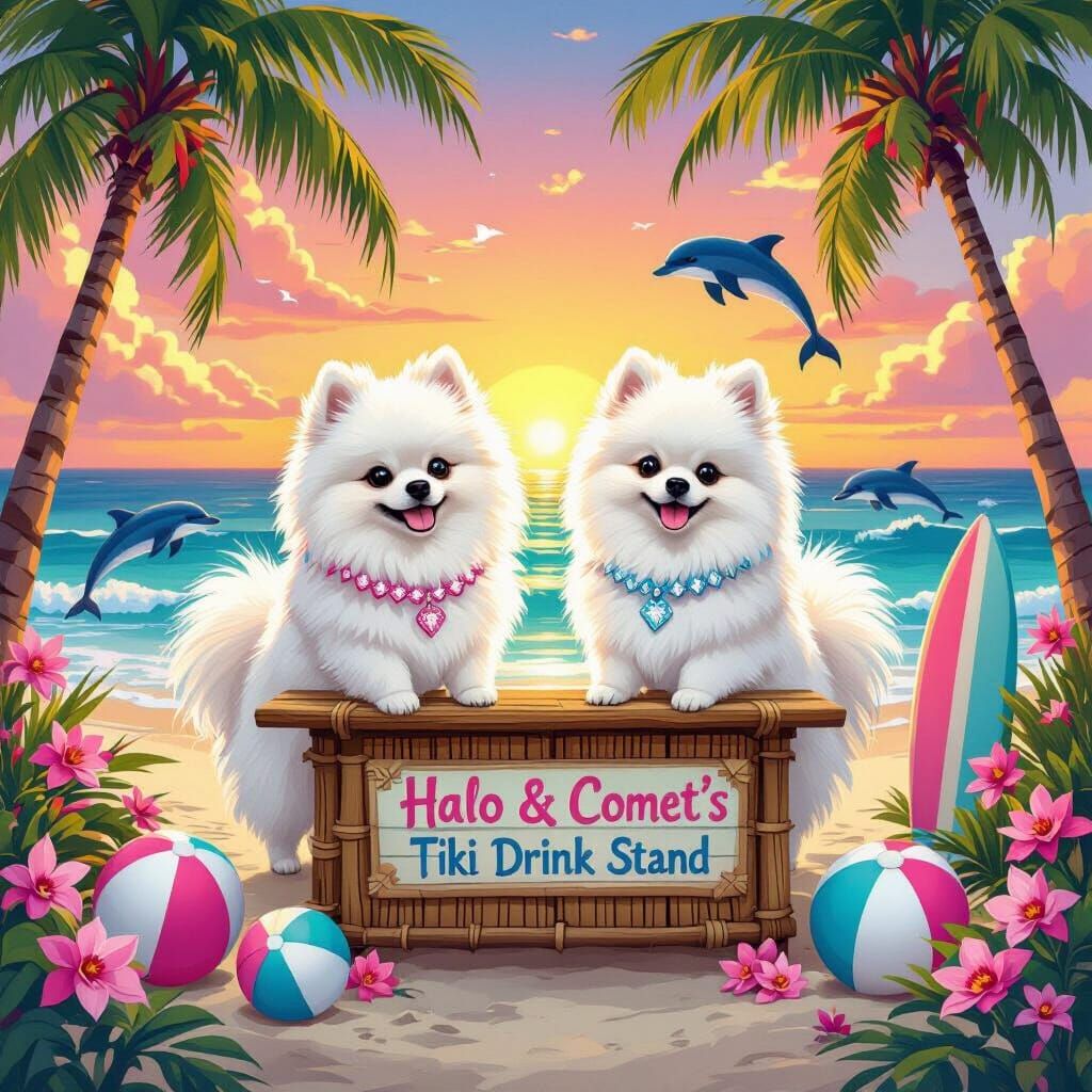 Pomeranians At Tiki Stand On Vibrant Sunset Beach