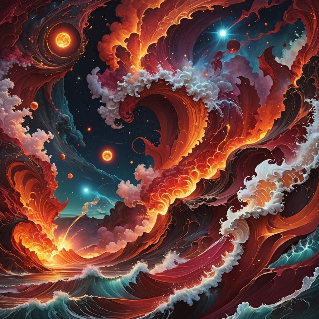 Cosmic Magma Eruption at Ruby Shores: Astral Illustration