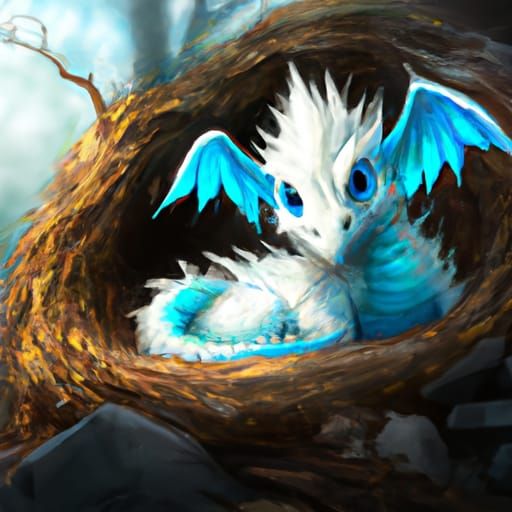 Fluffy White Dragon Portrait in Forest Nest