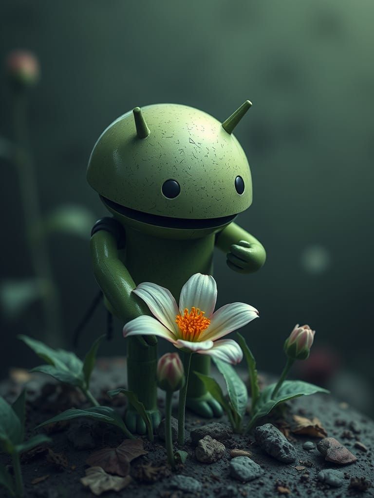 Sad Android Holds Wilting Flower