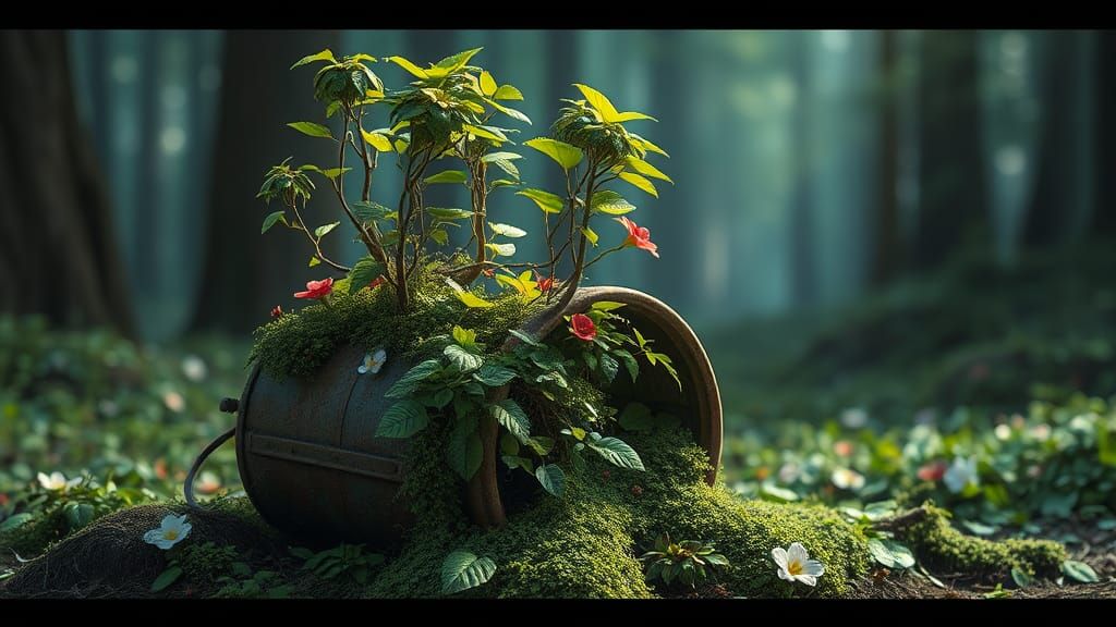 Lush Forest Sprouting From Rusty Bucket