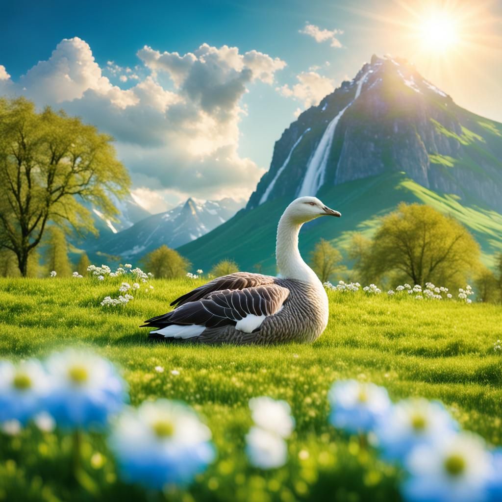 Stone Giant in a Blooming Meadow