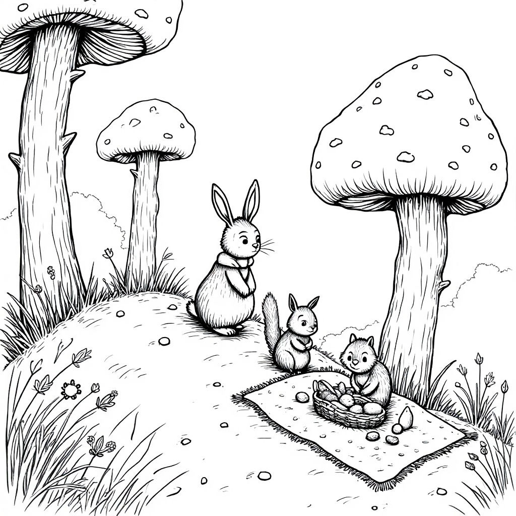 Bunny Labubu's Forest Picnic: Whimsical Line Art