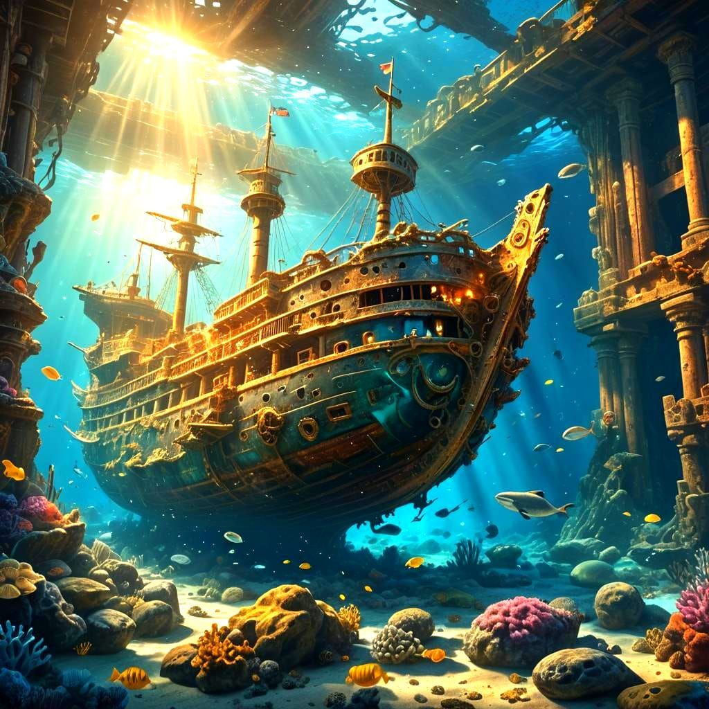 Golden Shipwreck Near Sunken Ruins, Hyperrealistic Underwate...