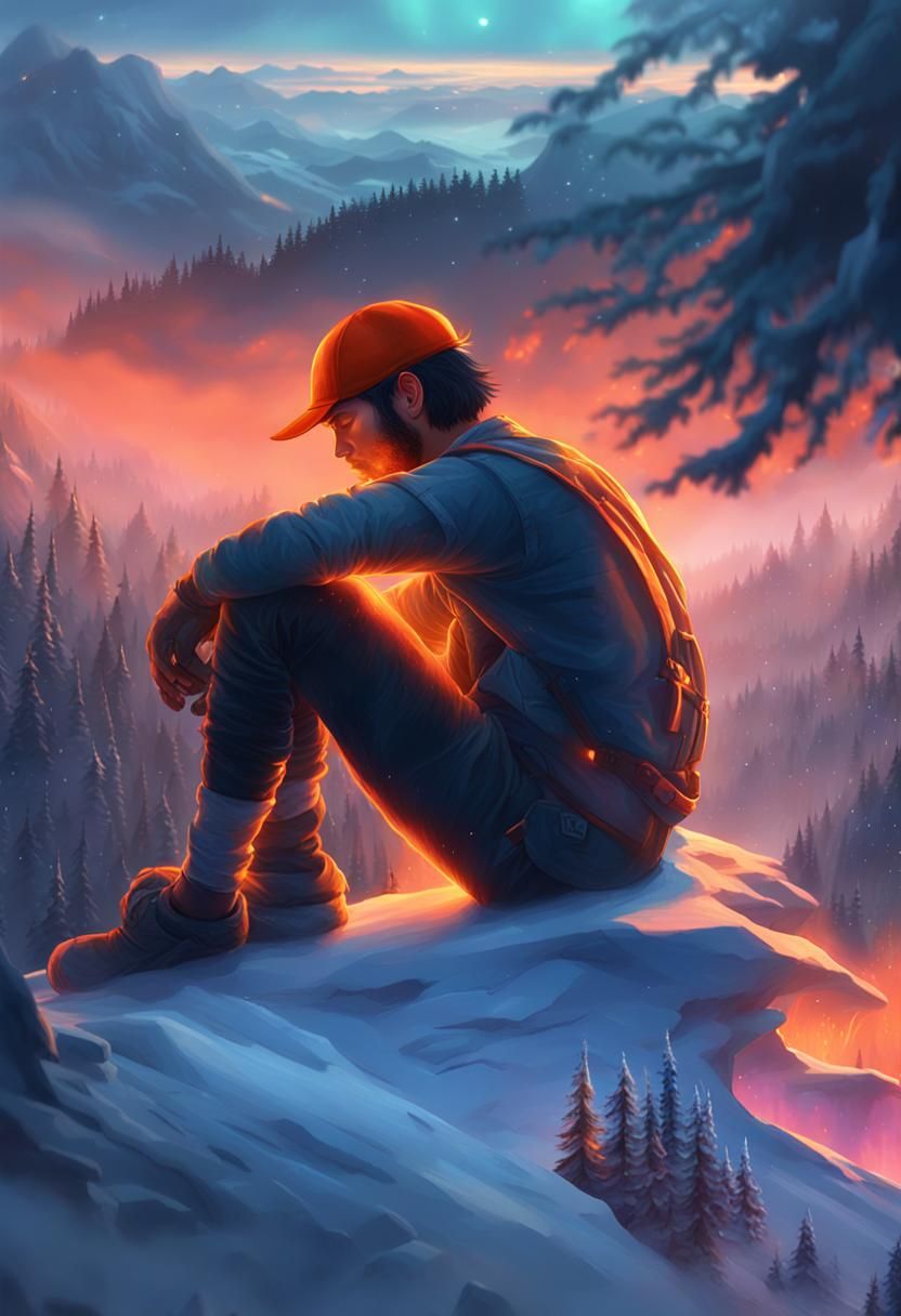 Snowy Mountain Vista with Aurora, Fantasy Art