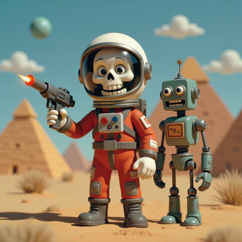 Claymation Skeleton Astronaut on Alien World in Aardman Styl...