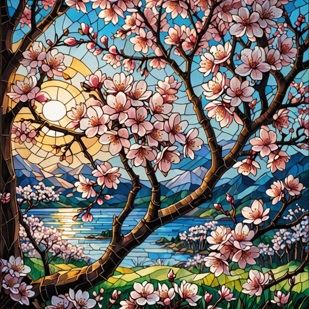 Cherry Blossoms Stained Glass Window Art