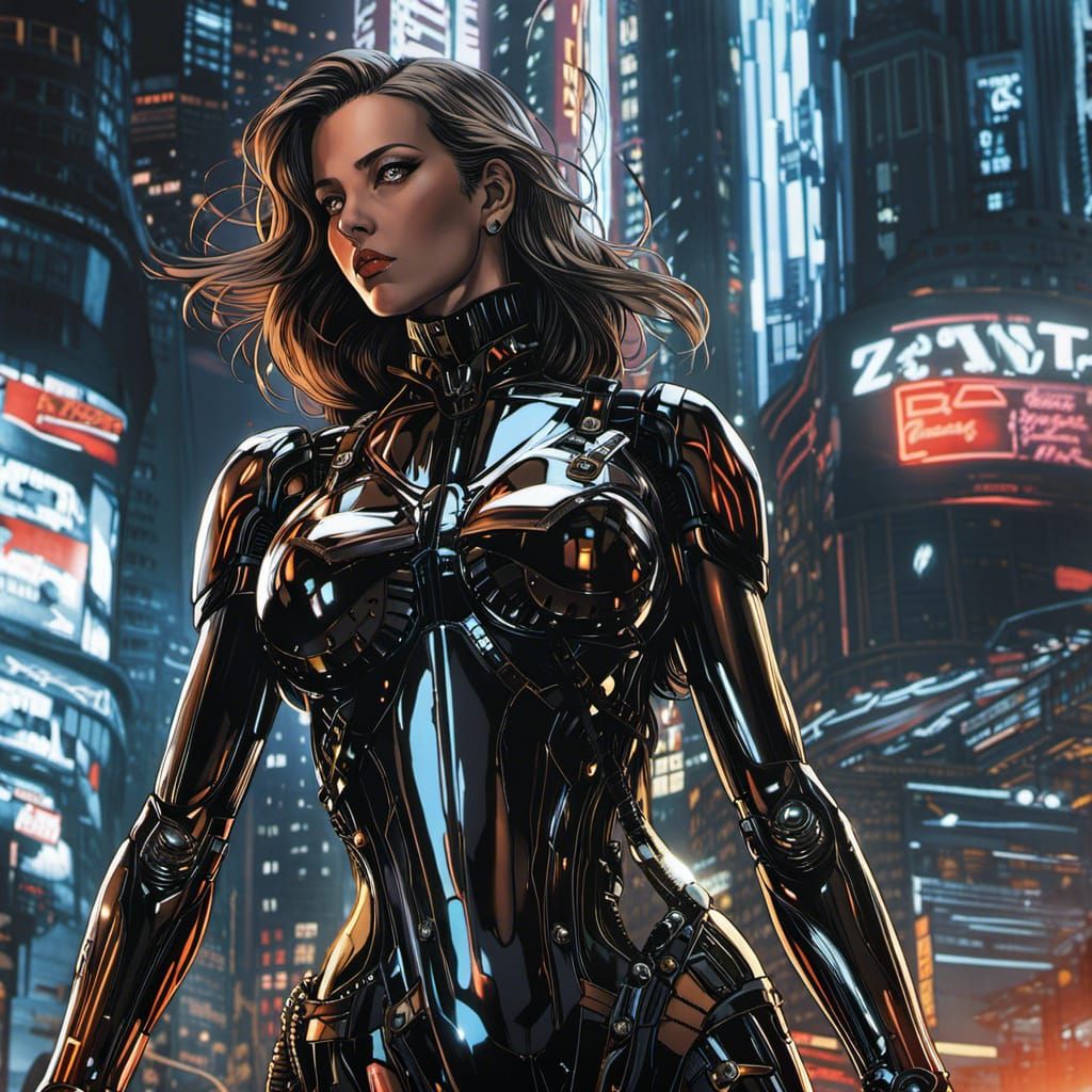 Futuristic Android Illustration in Dystopian City