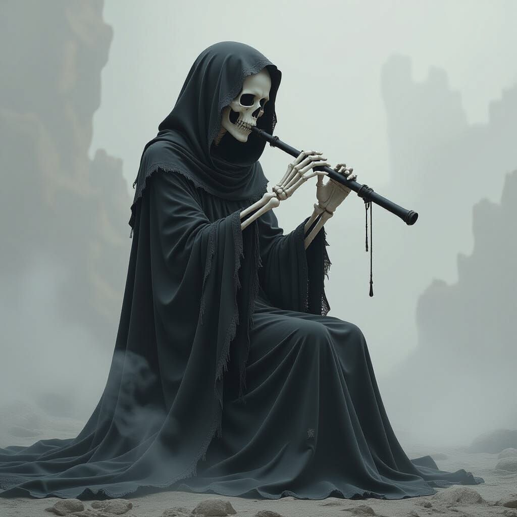 Eerie Skeletal Flautist in Dark Elegant Style