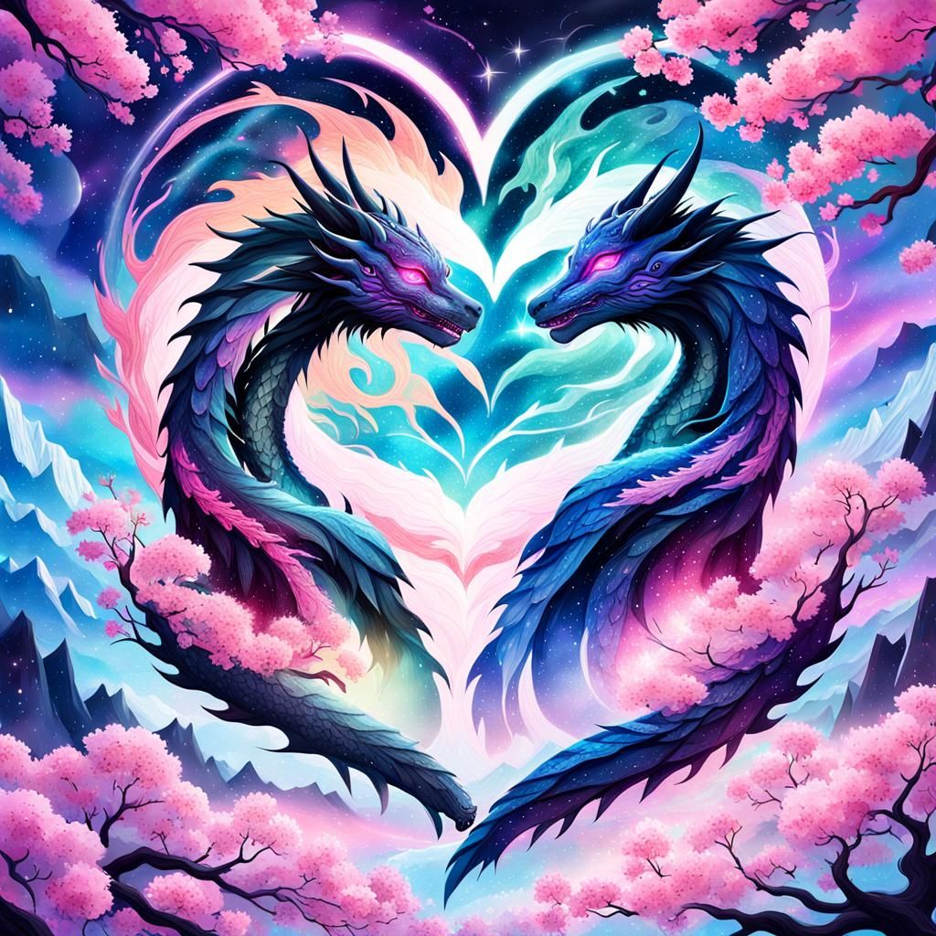 Entwined Black Dragons Creating Heart in Cosmic Rainbow