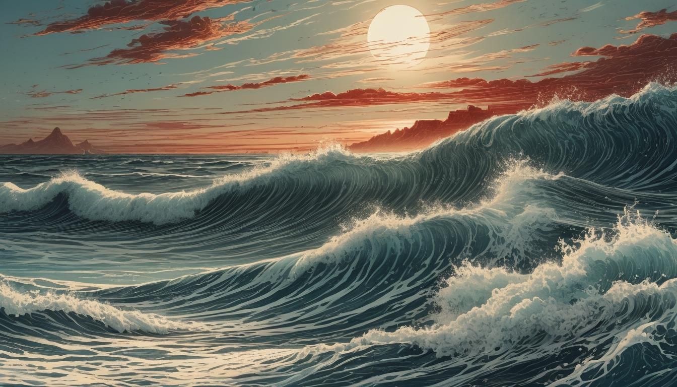 Elegant Beach Sunset in Detailed Line Engraving Style