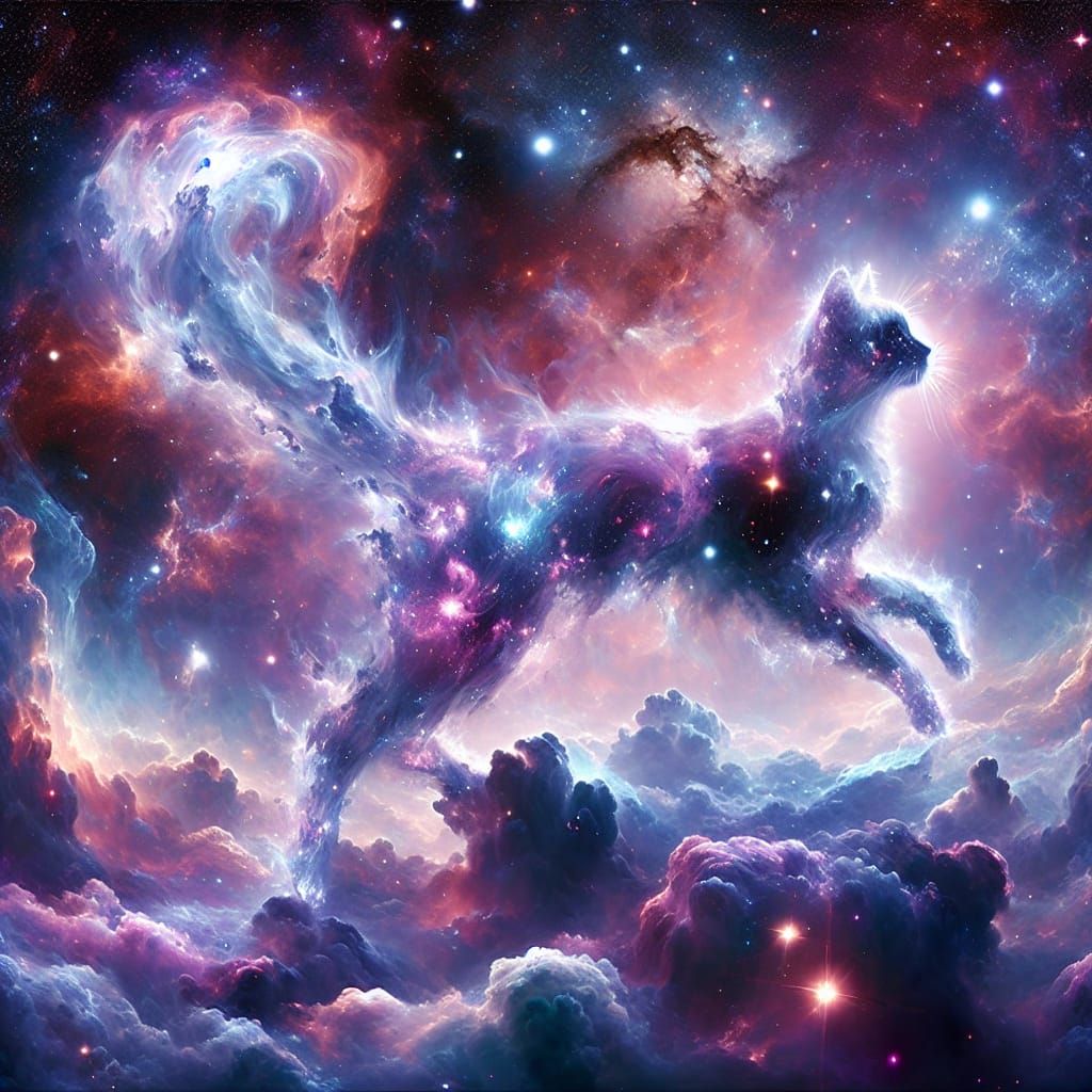 Ethereal Stardust Cat Leaping Across Cosmic Landscape