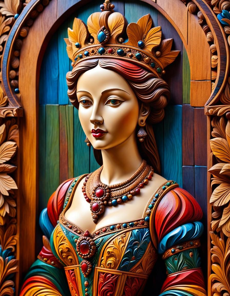 Renaissance Queen in Colorful Wooden Pop Art