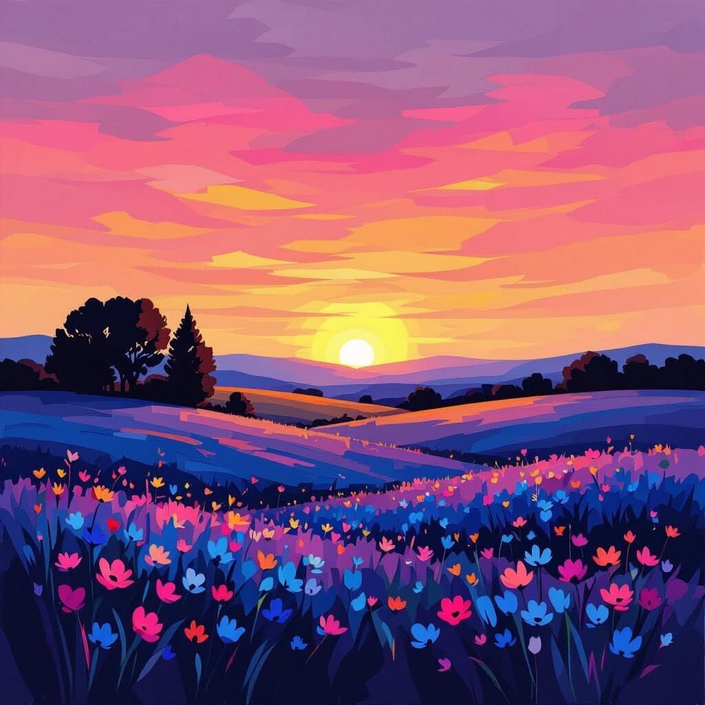 Vivid Acrylic Sunset Over Wildflower Fields