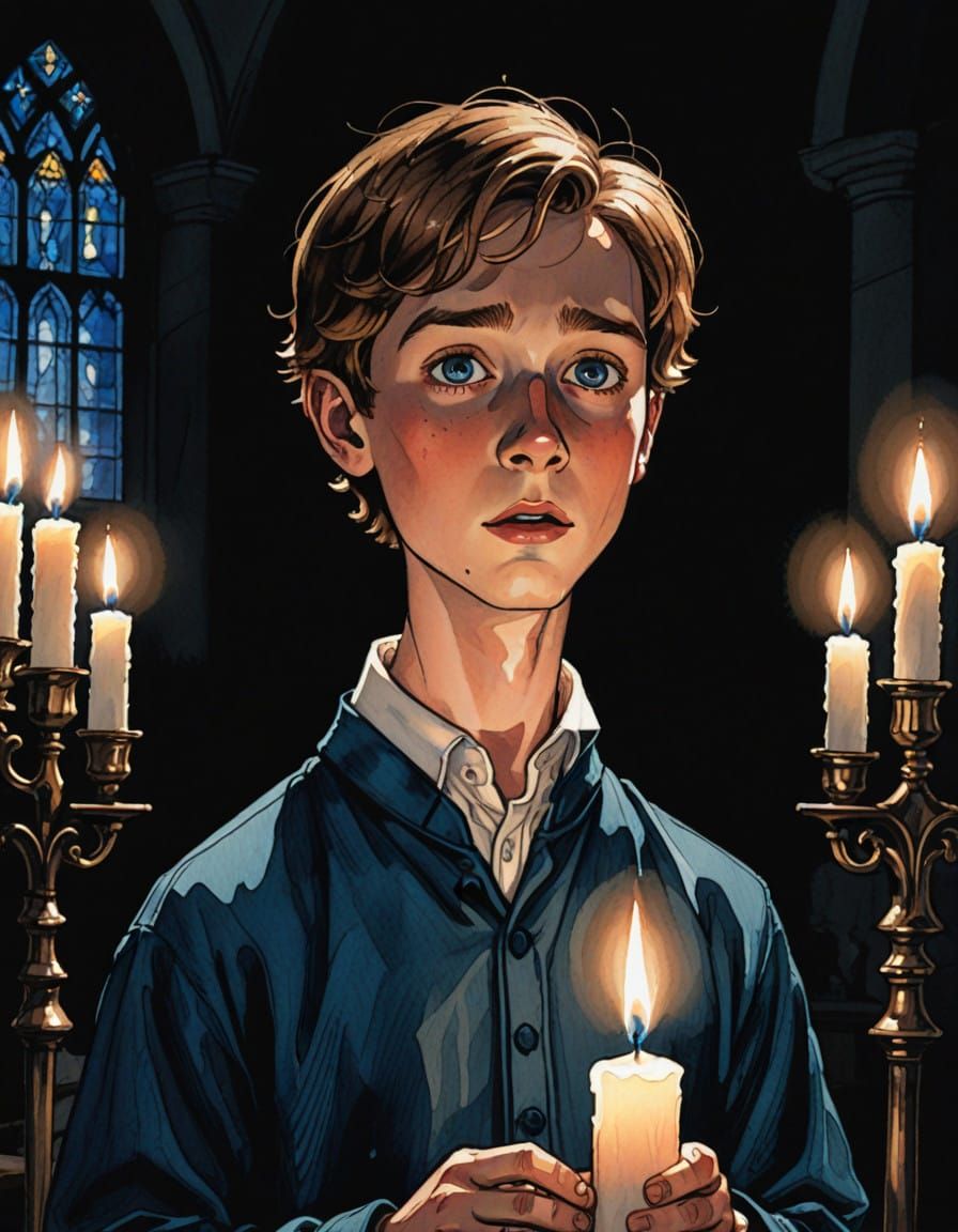 Innocent Choir Boy Sings in Church with Candlelit Smile