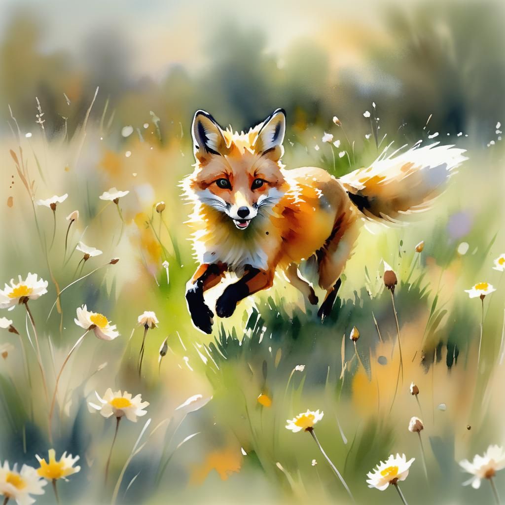 Red Fox Running Through Dandelions: Watercolor Painting