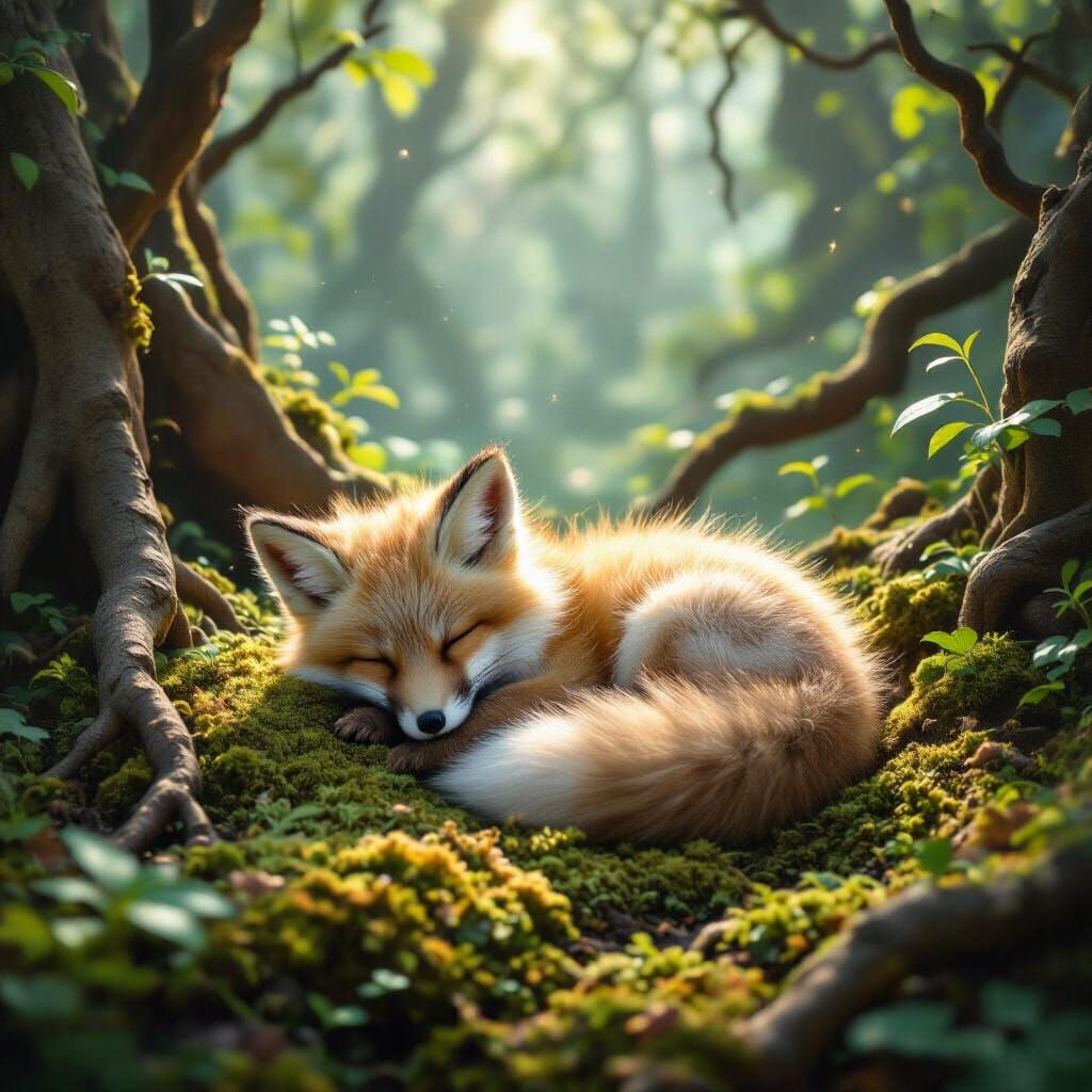 Moonlight Fox Kit Sleeps on Glowing Moss in Enchanted Forest