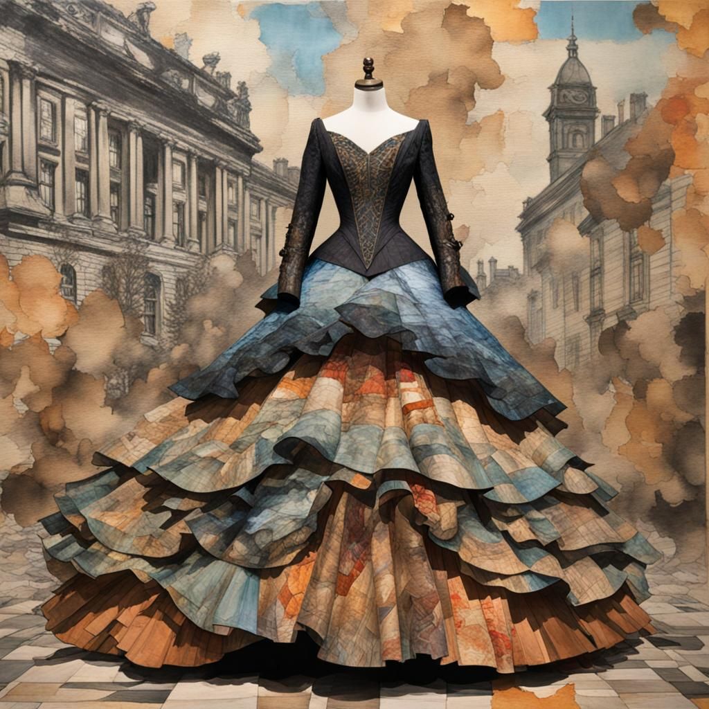 Fine Art Burnt Edge Paper Collage Ballgown, Long Sleeved Bod...