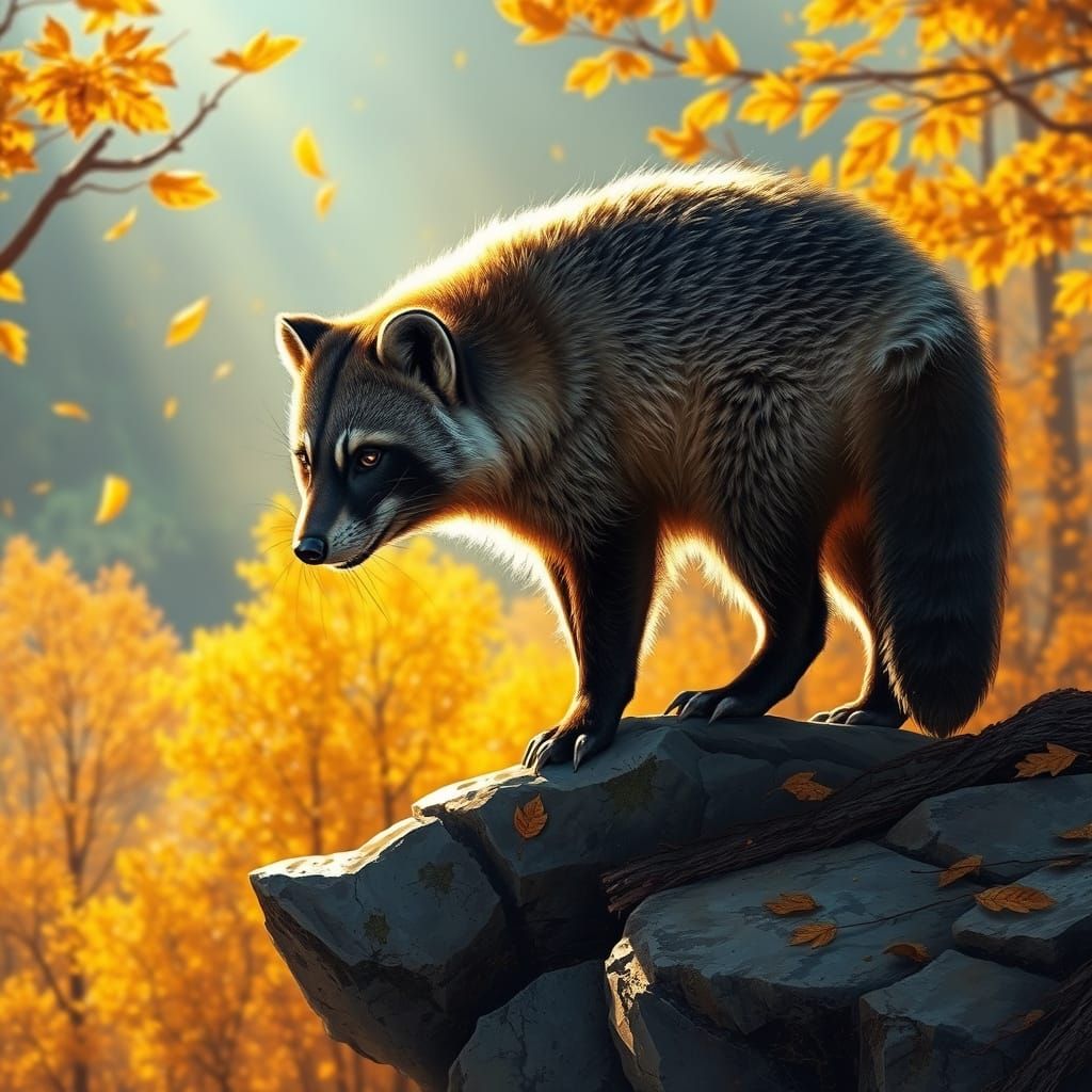 Cozy Wolverine in Autumn Forest Scene
