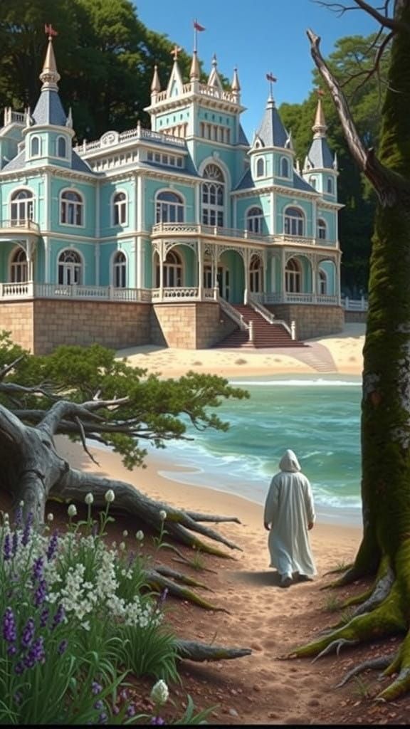 Glowing Victorian Mansion on Sandy Beach with Mystical Fores...