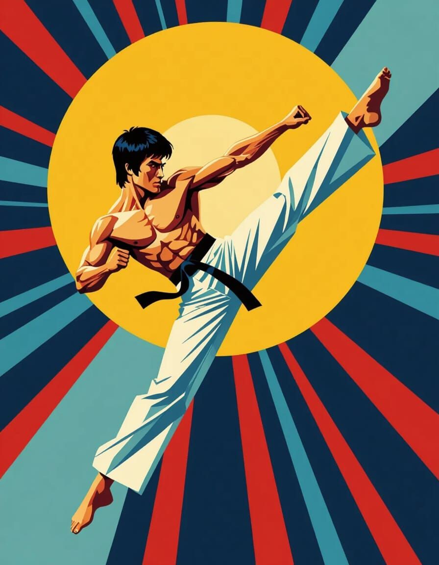 Geometric art of Bruce Lee kicking high in air, angular cubist shapes, bold red and white color palette with blue shadow...
