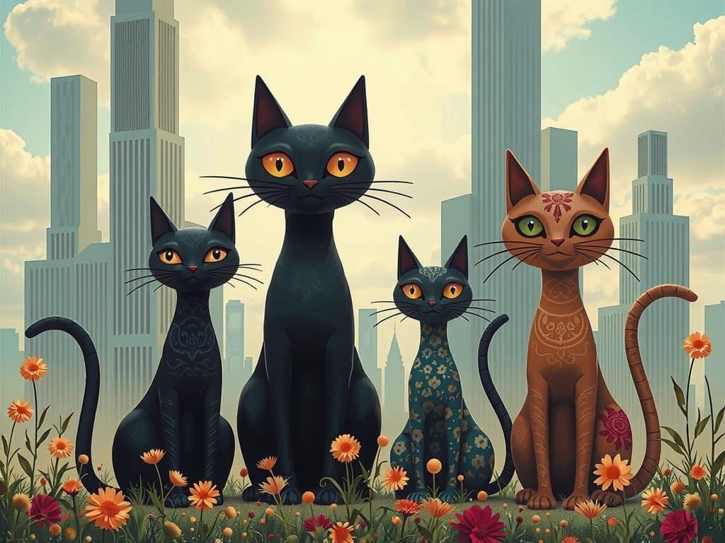 Whimsical Cityscape with Abstract Skyscrapers and Stylized C...