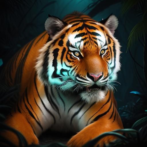 Bioluminescent Tiger in Magical Jungle Scene
