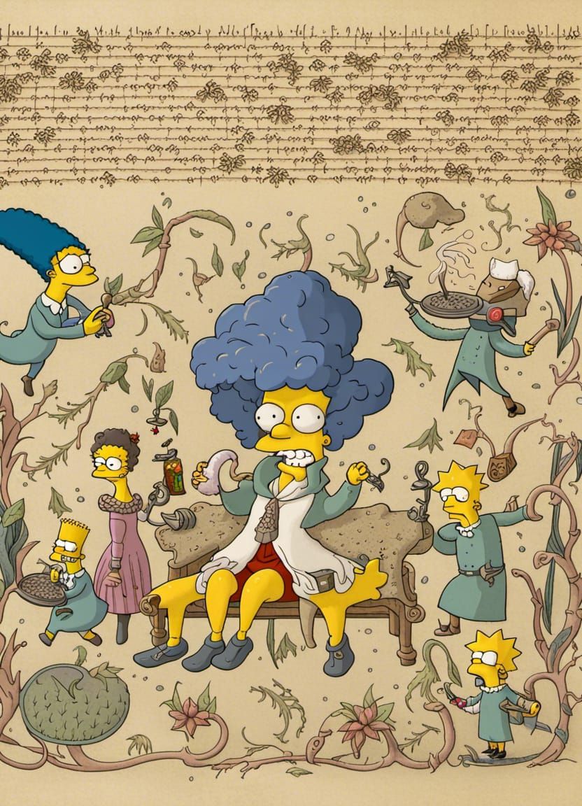A Simpsons couch gag in the style of the Voynich Manuscript 2