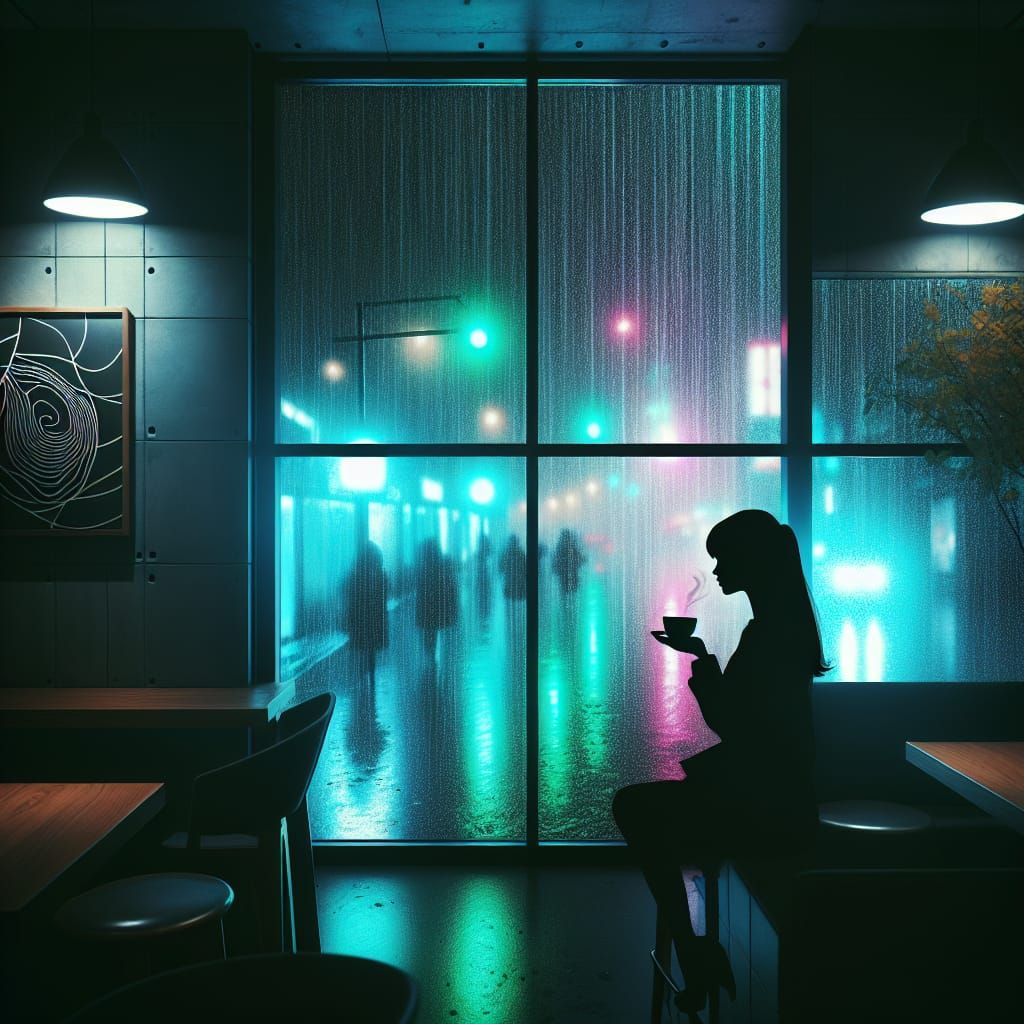 Cafe Interior Silhouette in Rainy Neon Night