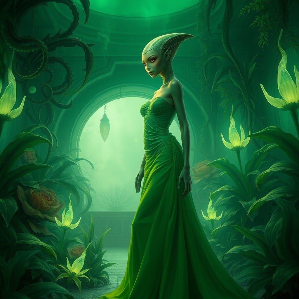 Green Alien Woman in Emerald Gown in Bioluminescent Room