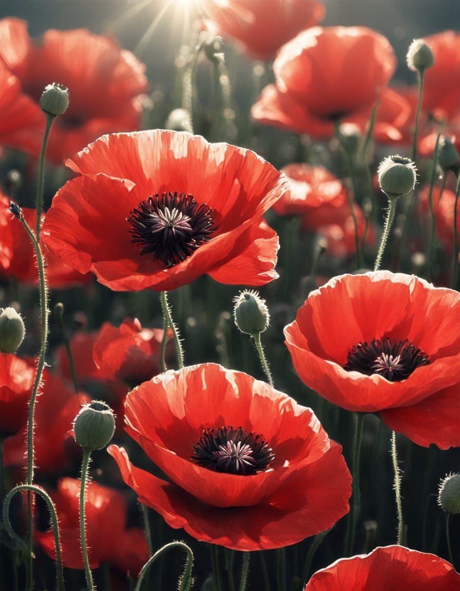 Vibrant Red Poppies Illuminated by Soft Light