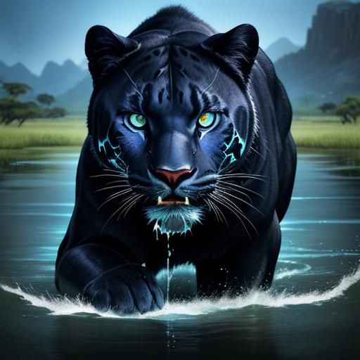 Hyperrealistic Panther Drinking on African Plains