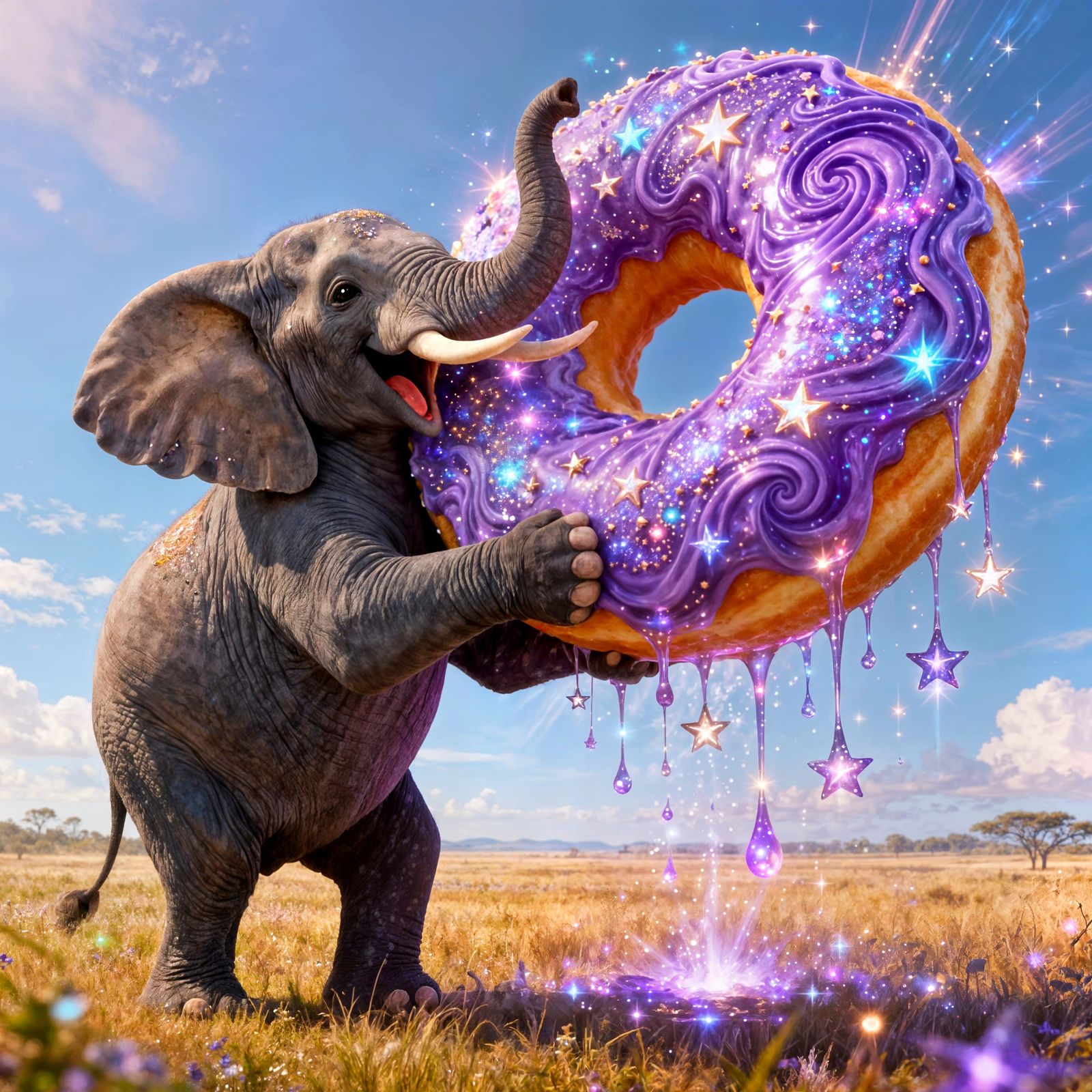Happy Elephant Discovers Giant Magical Donut in Whimsical La...
