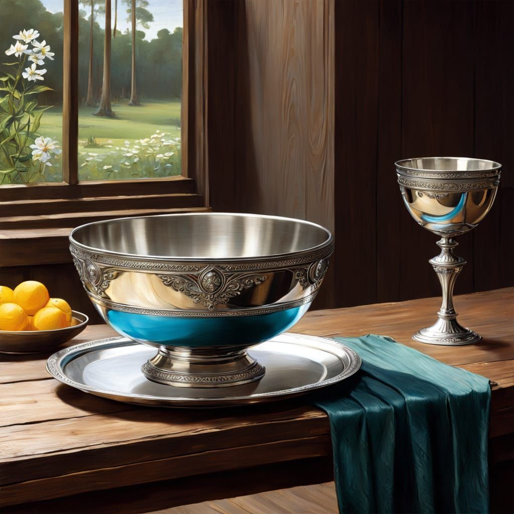 Silver Bowl Still Life in Waterhouse Style