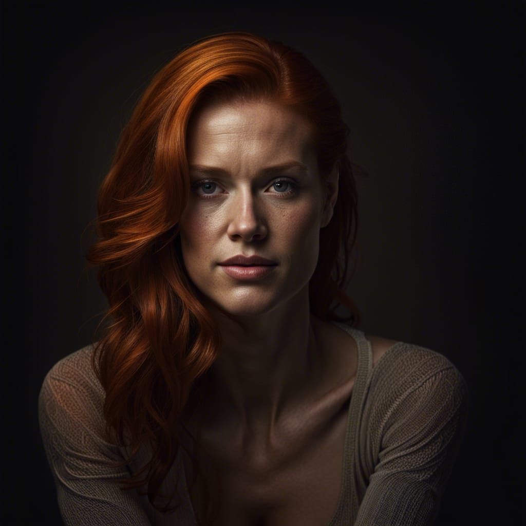 Redhead Model Posing in Studio with Dramatic Lighting