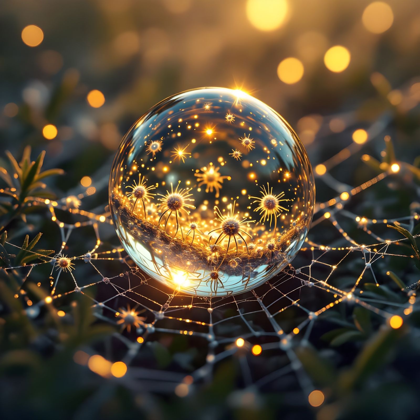 Bioluminescent Microscopic World in Dewdrop, Hyperrealistic