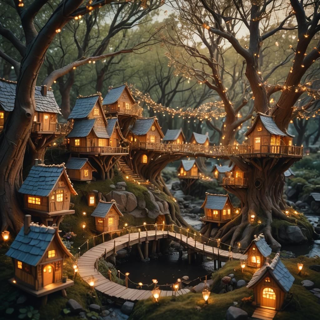 Magical Tree Village with Fairies in Golden Light